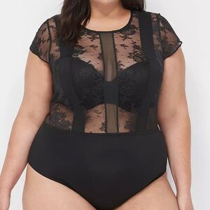 Cacique Lane Bryant Sheer Lace Cap Sleeve Bodysuit 18/20 Black